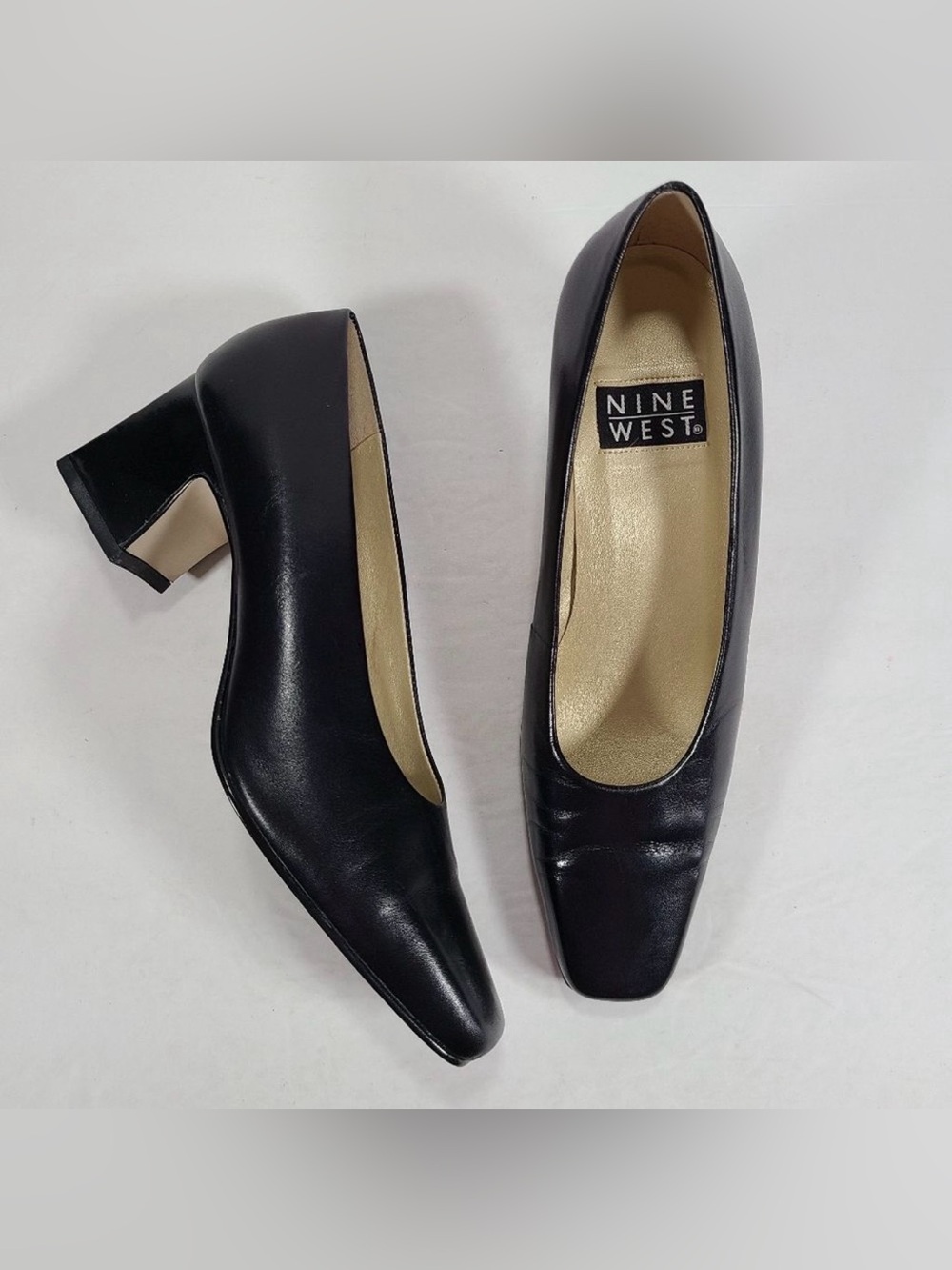 Nine West Black Leather Square Toe Block Heel Pumps Women Size 7